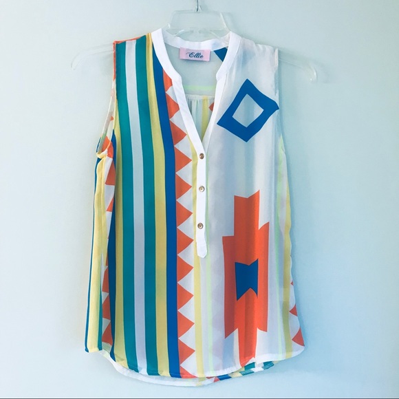 Vintage Tops - Ellie Aztec Print Sheer Sleeveless Button Tank